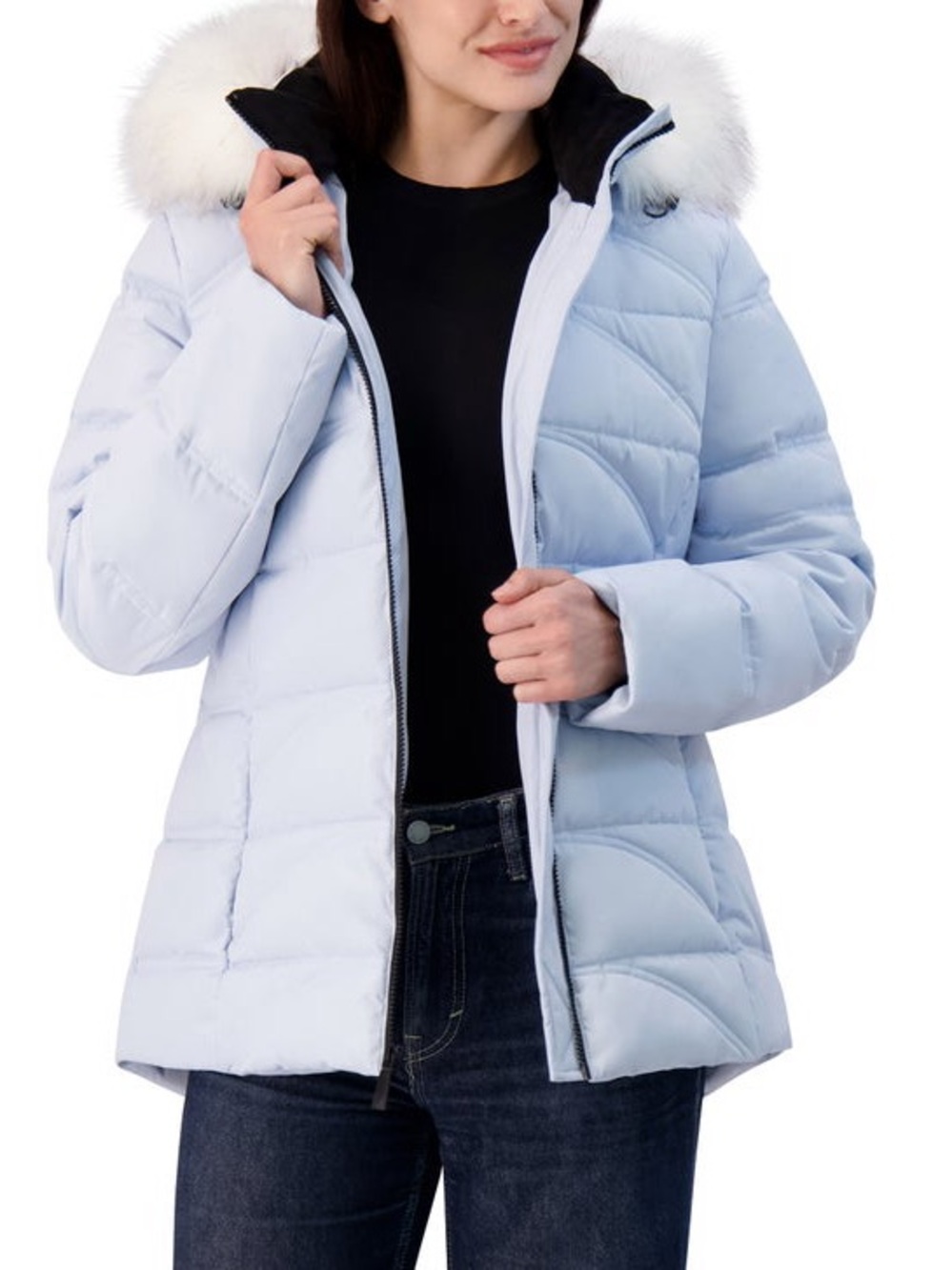 Nautica Women's Light Blue Puffer Coat with Faux Fur Hood